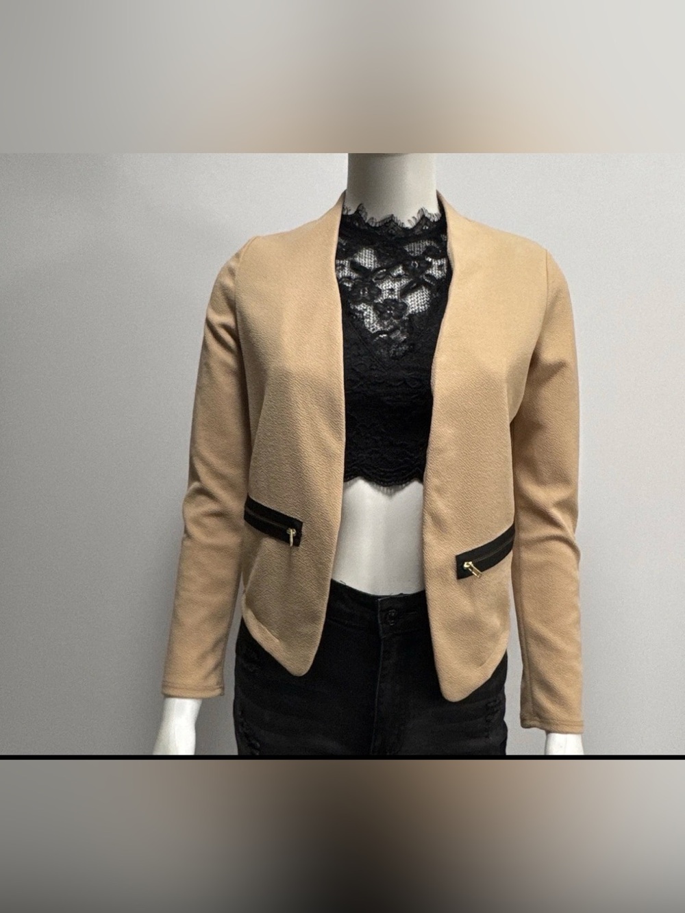 mine Blush Open Collar Blazer with Black Zip Accents